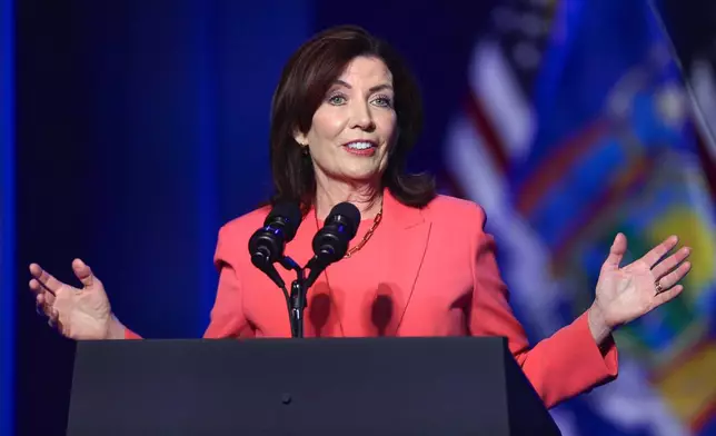 New York Gov. Kathy Hochul speaks before President Joe Biden arrives to deliver remarks on the CHIPS and Science Act at the Milton J. Rubenstein Museum in Syracuse, N.Y., Thursday, Apr. 25, 2024. (AP Photo/Adrian Kraus)