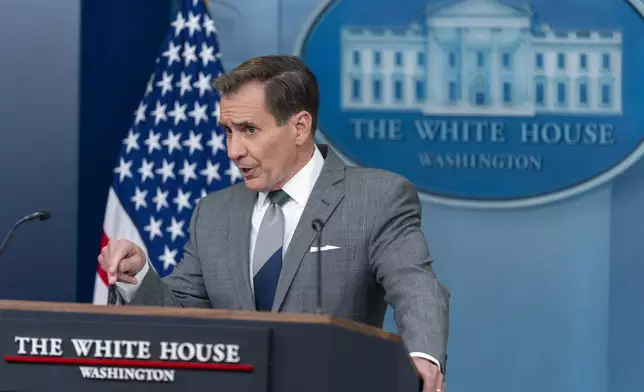 White House national security communications adviser John Kirby speaks during a press briefing at the White House, Monday, April 15, 2024, in Washington. (AP Photo/Alex Brandon)
