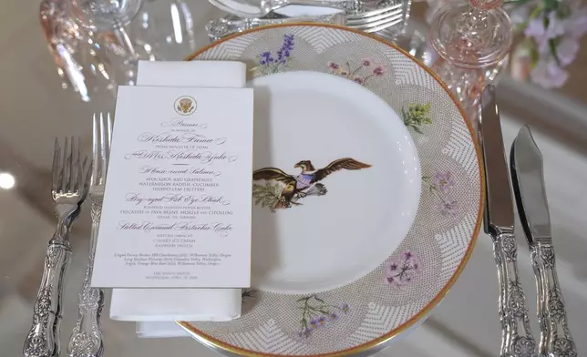 Tables are decorated during a press preview at the White House in Washington, Tuesday, April 9, 2024, for the State Dinner for Japan's Prime Minister Fumio Kishida on Wednesday. (AP Photo/Susan Walsh)