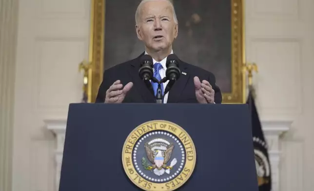 FILE - President Joe Biden speaks about a $95 billion aid package that would help Ukraine in their war against Russia, in the State Dining Room of the White House, Feb. 13, 2024, in Washington. (AP Photo/Evan Vucci)