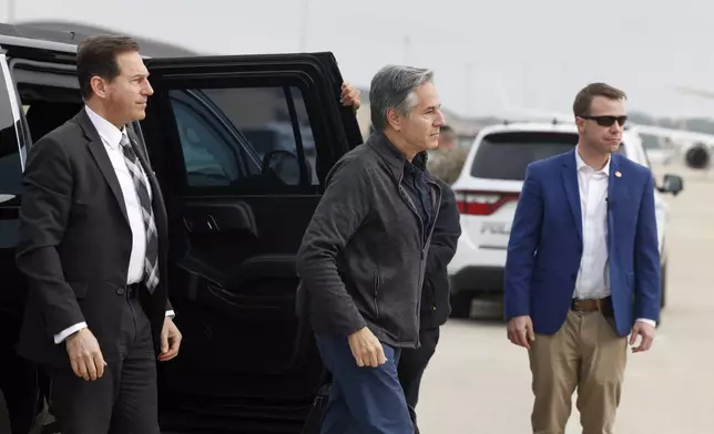 U.S. Secretary of State Antony Blinken exits a vehicle as he gets ready to depart for Saudi Arabia in the latest Gaza diplomacy push, at Joint Base Andrews, Md., Saturday, April 28, 2024. (Evelyn Hockstein/Pool Photo via AP)