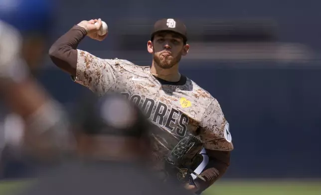 San Diego Padres starting pitcher Joe Musgrove works against a Toronto Blue Jays batter during the first inning of a baseball game, Sunday, April 21, 2024, in San Diego. (AP Photo/Gregory Bull)