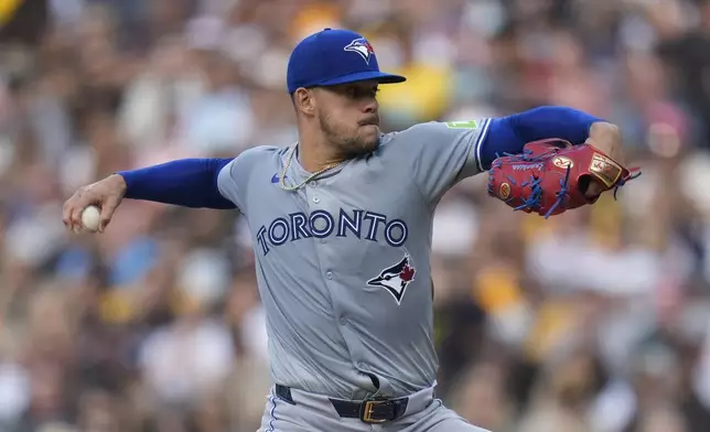 Toronto Blue Jays starting pitcher Jose Berrios works against a San Diego Padres batter during the third inning of a baseball game, Saturday, April 20, 2024, in San Diego. (AP Photo/Gregory Bull)