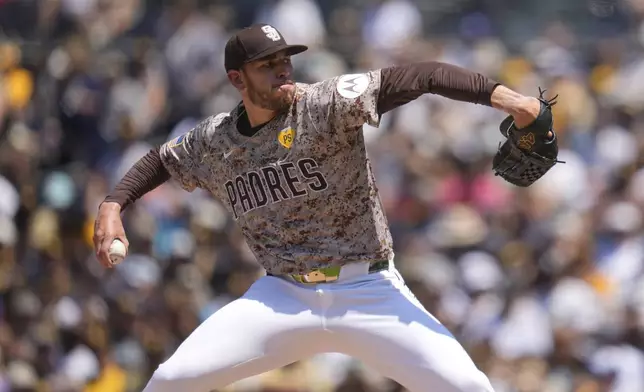 San Diego Padres starting pitcher Joe Musgrove works against a Toronto Blue Jays batter during the second inning of a baseball game, Sunday, April 21, 2024, in San Diego. (AP Photo/Gregory Bull)