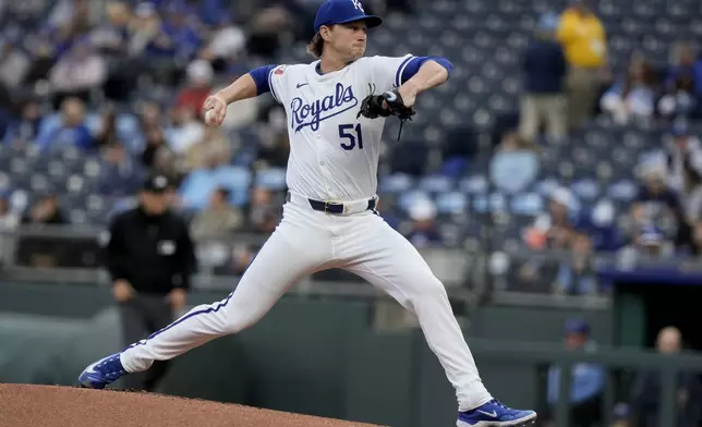 Kansas City Royals starting pitcher Brady Singer throws during the first inning of a baseball game against the Toronto Blue Jays Monday, April 22, 2024, in Kansas City, Mo. (AP Photo/Charlie Riedel)