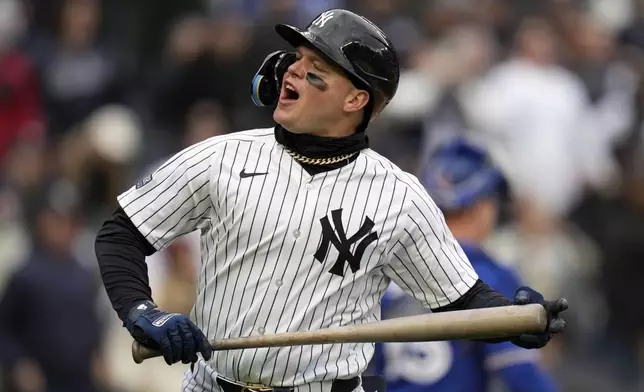 New York Yankees' Alex Verdugo reacts after flying out for the last out of the baseball game against the Toronto Blue Jays at Yankee Stadium Friday, April 5, 2024, in New York. The Blue Jays defeated the Yankees 3-0. (AP Photo/Seth Wenig)