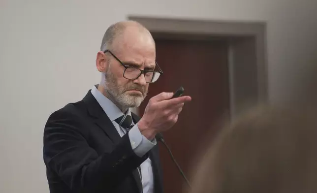 County Attorney Michael Jette addresses jurors during closing arguments in Santa Cruz County Superior Court, Thursday, April 18, 2024 in Nogales, Ariz. Rancher George Alan Kelly accused of second-degree murder in the January 2023 death of 48-year-old Gabriel Cuen-Buitimea, who lived south of the border in Nogales, Mexico. (Angela Gervasi/Nogales International, via AP, Pool)