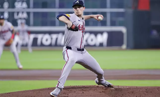 Atlanta Braves starting pitcher Max Fried throws against the Houston Astros during the first inning of a baseball game Wednesday, April 17, 2024, in Houston. (AP Photo/Michael Wyke)