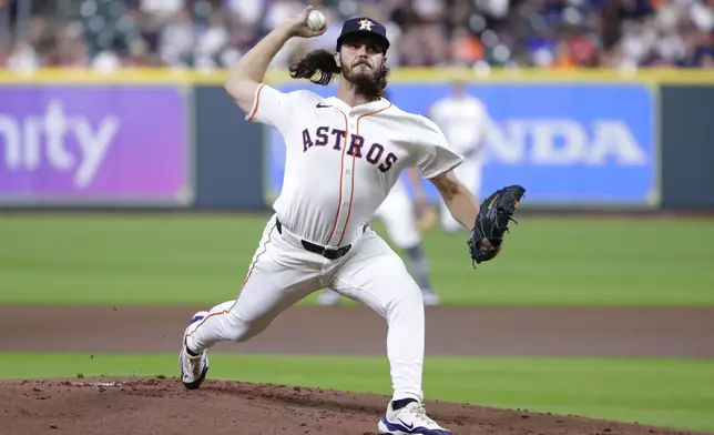 Houston Astros starting pitcher Spencer Arrighetti throws against the Atlanta Braves during the first inning of a baseball game Monday, April 15, 2024, in Houston. (AP Photo/Michael Wyke)