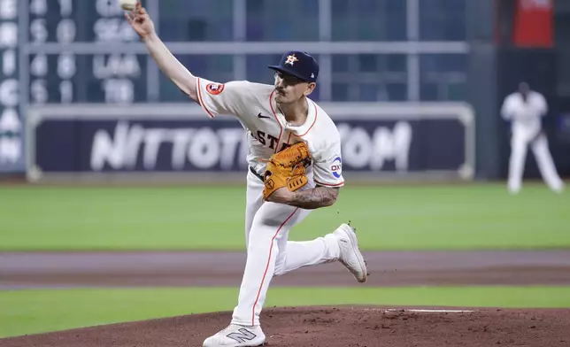 Houston Astros starting pitcher J.P. France throws against the Atlanta Braves during the first inning of a baseball game Wednesday, April 17, 2024, in Houston. (AP Photo/Michael Wyke)