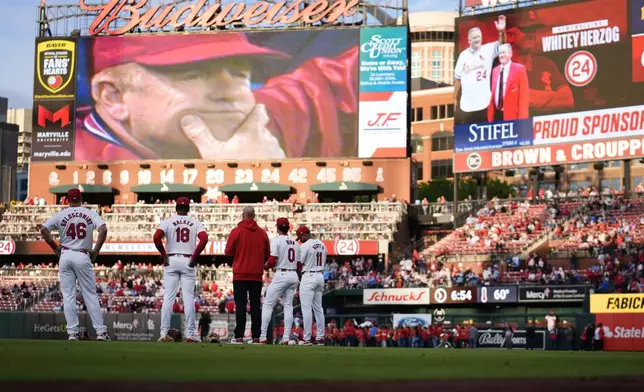 Members of the St. Louis Cardinals pause to watch a video tribute to former Cardinals manager Whitey Herzog before the start baseball game against the Milwaukee Brewers Friday, April 19, 2024, in St. Louis. Herzog, the gruff and ingenious Hall of Fame manager who guided the Cardinals to three pennants and a World Series title in the 1980s, died Monday at the age of 92. (AP Photo/Jeff Roberson)
