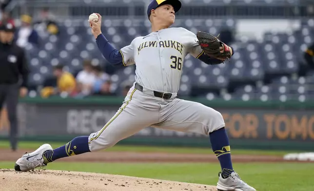 Milwaukee Brewers starting pitcher Tobias Myers delivers during the first inning of the team's baseball game against the Pittsburgh Pirates on Tuesday, April 23, 2024, in Pittsburgh. (AP Photo/Matt Freed)