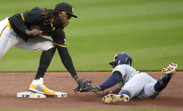 Pittsburgh Pirates shortstop Oneil Cruz, left, tags out Milwaukee Brewers' Blake Perkins attempting to steal second during the second inning of a baseball game in Pittsburgh, Wednesday, April 24, 2024. (AP Photo/Gene J. Puskar)