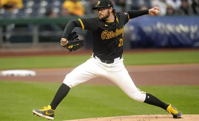 Pittsburgh Pirates starting pitcher Josh Fleming delivers during the first inning of a baseball game against the Milwaukee Brewers in Pittsburgh, Wednesday, April 24, 2024. (AP Photo/Gene J. Puskar)