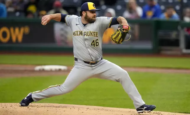 Milwaukee Brewers starting pitcher Bryse Wilson delivers during the first inning of a baseball game against the Pittsburgh Pirates in Pittsburgh, Wednesday, April 24, 2024. (AP Photo/Gene J. Puskar)