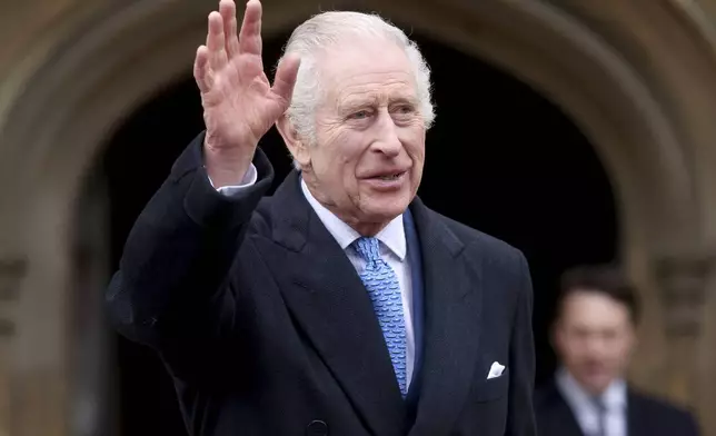 FILE - Britain's King Charles III waves as he leaves after attending the Easter Matins Service at St. George's Chapel, Windsor Castle, England, March 31, 2024. Buckingham Palace says King Charles III will resume his public duties next week following treatment for cancer. The announcement on Friday April 26, 2024, comes almost three months after Charles took a break from public appearances to focus on his treatment for an undisclosed type of cancer. (Hollie Adams/Pool Photo via AP, File)