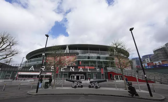 A general view of Arsenal's Emirates Stadium ahead of the Champions League quarterfinal 1st leg soccer match between Arsenal and Bayern Munich in London, Tuesday, April 9, 2024. This week's Champions League soccer games will go ahead as scheduled despite an Islamic State terror threat. (AP Photo/Frank Augstein)
