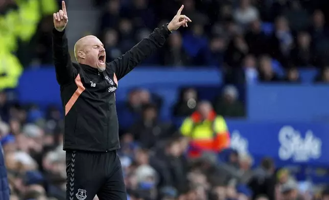 Everton's manager Sean Dyche gestures during the English Premier League soccer match between FC Everton and FC Brentford in Liverpool, England, Saturday, April 27, 2024. (Peter Byrne/PA via AP)