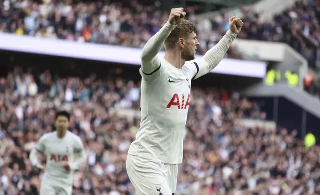 Tottenham's Timo Werner celebrates after his cross was turned into the gaol by Nottingham Forest's Murillo for an own goal during the English Premier League soccer match between Tottenham Hotspur and Nottingham Forrest t White Hart Lane stadium in London, Sunday, April 7, 2024. (AP Photo/Ian Walton)