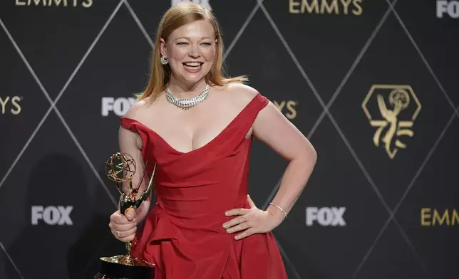 FILE - Sarah Snook, winner of the award for outstanding lead actress in a drama series for "Succession," poses in the press room during the 75th Primetime Emmy Awards on Monday, Jan. 15, 2024, at the Peacock Theater in Los Angeles. Sarah Snook, Sarah Jessica Parker and Andrew Scott are among the stars batting for accolades at the Olivier Awards. The Oliviers are Britain’s equivalent of Broadway’s Tony Awards and celebrate work on the London stage. (AP Photo/Ashley Landis, File)