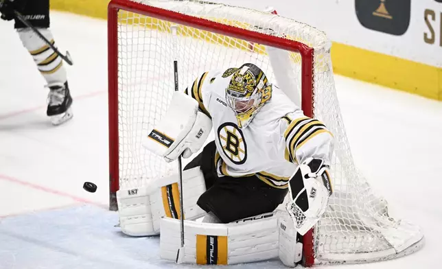 Boston Bruins goaltender Jeremy Swayman (1) defends the net during the third period of an NHL hockey game against the Washington Capitals, Monday, April 15, 2024, in Washington. (AP Photo/Nick Wass)