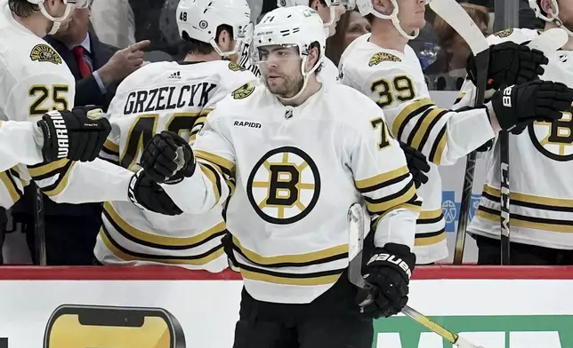 Boston Bruins' Jake DeBrusk (74) returns to the bench after scoring against the Pittsburgh Penguins during the second period of an NHL hockey game Saturday, April 13, 2024, in Pittsburgh. (AP Photo/Matt Freed)