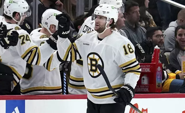 Boston Bruins' Pavel Zacha (18) returns to the bench after scoring against the Pittsburgh Penguins during the second period of an NHL hockey game Saturday, April 13, 2024, in Pittsburgh. (AP Photo/Matt Freed)