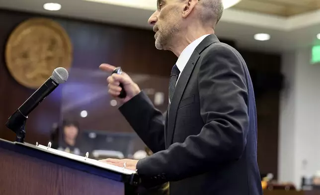 CORRECTS SOURCE - Defense attorney Kenneth S. Morrison speaks during opening statements of Samuel Woodward's murder trial for the stabbing death of Blaze Bernstein, Tuesday, April 9, 2024, at Orange County Superior Court, in Santa Ana, Calif. A prosecutor told jurors that the killing of the gay University of Pennsylvania student in Southern California more than six years ago was a hate crime. (Frederick M. Brown via The Orange County Register, Pool)