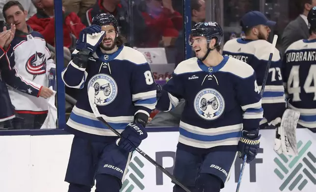 CORRECT TO APRIL NOT MARCH - Columbus Blue Jackets right wing Kirill Marchenko (86) celebrates after a goal with teammate Columbus Blue Jackets center Cole Sillinger (4) during the first period of an NHL hockey game against the New York Islanders, Thursday, April 4, 2024, in Columbus, Ohio. (AP Photo/Joe Maiorana)