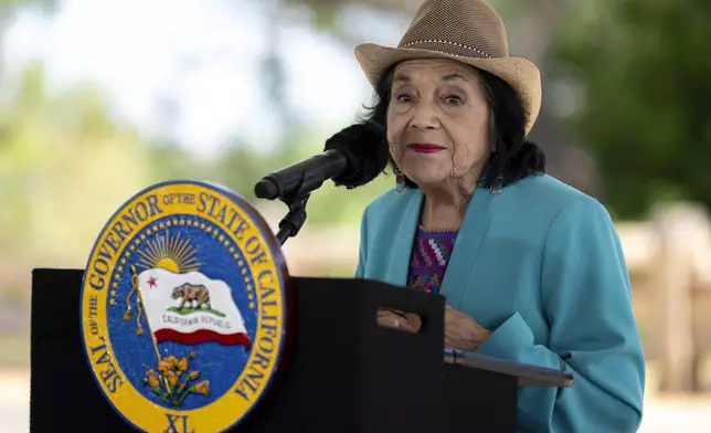 American labor leader and civil rights activist Dolores Huerta speaks during the dedication of the new Dos Rios State Park in the Central Valley, near Modesto, Calif., Monday, April 22, 2024. (Paul Kitagaki Jr./The Sacramento Bee via AP)