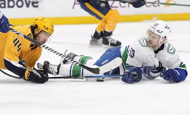Vancouver Canucks center Teddy Blueger (53) and Nashville Predators left wing Kiefer Sherwood (44) battle for a loose puck during the third period in Game 4 of an NHL hockey Stanley Cup first-round playoff series Sunday, April 28, 2024, in Nashville, Tenn. (AP Photo/George Walker IV)