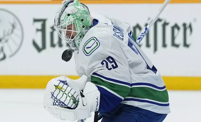 Vancouver Canucks goaltender Casey DeSmith (29) warms up before the start of Game 3 in an NHL hockey Stanley Cup first-round playoff series against the Nashville Predators, Friday, April 26, 2024, in Nashville, Tenn. (AP Photo/George Walker IV)