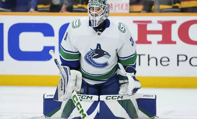 Vancouver Canucks goaltender Arturs Silovs (31) warms up before the start of Game 4 against the Nashville Predators in an NHL hockey Stanley Cup first-round playoff series Sunday, April 28, 2024, in Nashville, Tenn. (AP Photo/George Walker IV)