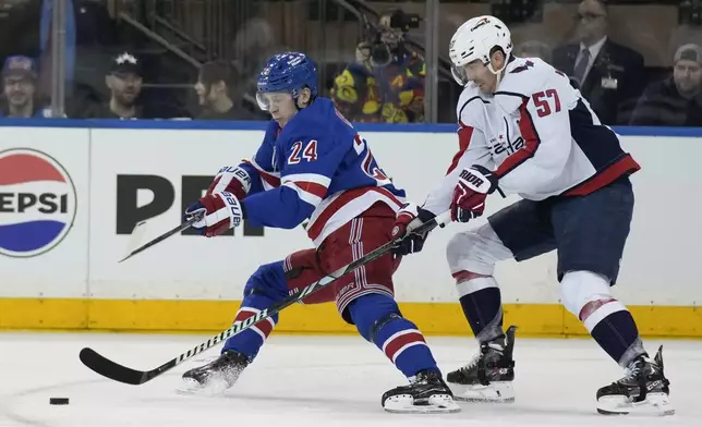 New York Rangers' Kaapo Kakko, left, and Washington Capitals' Trevor van Riemsdyk, right, compete for the puck during the first period in Game 1 of an NHL hockey Stanley Cup first-round playoff series, Sunday, April 21, 2024, in New York. (AP Photo/Seth Wenig)
