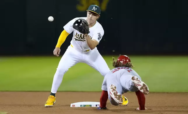 Oakland Athletics second base Zack Gelof, left, tags out St. Louis Cardinals' Brendan Donovan, right, attempting to steal second base during the seventh inning of a baseball game in Oakland, Calif., Tuesday, April 16, 2024. (AP Photo/Tony Avelar)