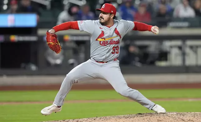 St. Louis Cardinals pitcher JoJo Romero pitches to a New York Mets batter during the sixth inning of a baseball game Friday, April 26, 2024, in New York. (AP Photo/Frank Franklin II)