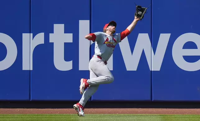 St. Louis Cardinals outfielder Brendan Donovan catches a fly ball hit by New York Mets' Tomás Nido during the fourth inning of a baseball game at Citi Field, Sunday, April 28, 2024, in New York. (AP Photo/Seth Wenig)