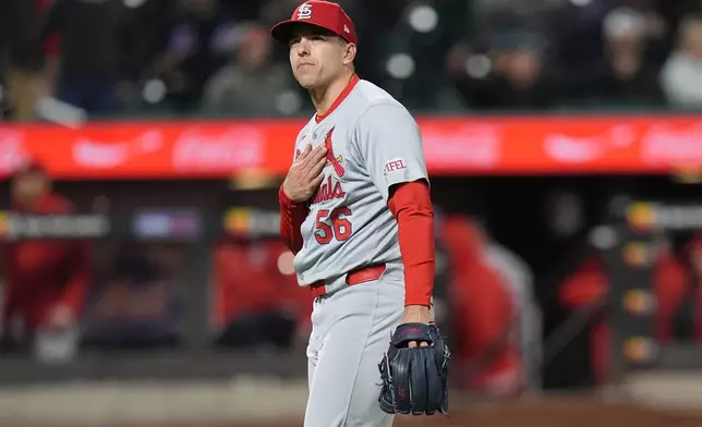 St. Louis Cardinals' Ryan Helsley gestures after the team's win in a baseball game against the New York Mets, Friday, April 26, 2024, in New York. (AP Photo/Frank Franklin II)