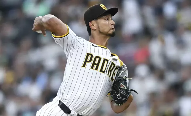 San Diego Padres starting pitcher Yu Darvish delivers during the first inning of the team's baseball game against the St. Louis Cardinals, Tuesday, April 2, 2024, in San Diego. (AP Photo/Denis Poroy)