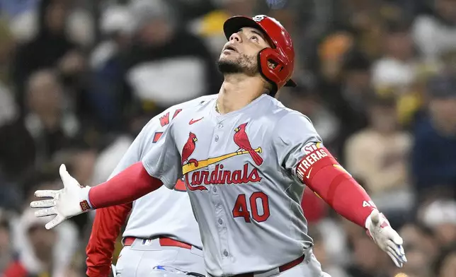 St. Louis Cardinals' Willson Contreras (40) looks skyward after hitting a two-run home run against the San Diego Padres during the sixth inning of a baseball game Tuesday, April 2, 2024, in San Diego. (AP Photo/Denis Poroy)