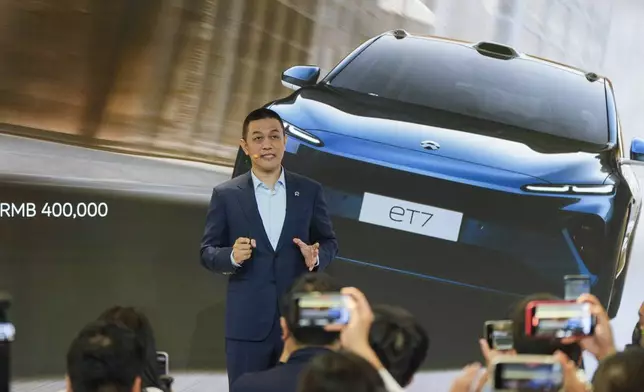 Founder and CEO of the electric car manufacturer Nio, William Li speaks during a press conference at the opening China Auto Show in Beijing, China, Thursday, April 25, 2024. (AP Photo/Tatan Syuflana)