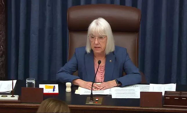 In this image from video from Senate Television, Sen. Patty Murray, D-Wash., presides over the court of impeachment and prepares to swear senators in for the impeachment trial of Homeland Security Secretary Alejandro Mayorkas on the Senate floor at the U.S. Capitol, Wednesday, April 17, 2024, in Washington. (Senate Television via AP)