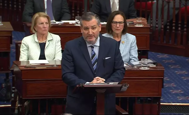 In this image from video from Senate Television, Sen. Ted Cruz, R-Texas, speaks during the impeachment trial of Homeland Security Secretary Alejandro Mayorkas on the Senate floor at the U.S. Capitol, Wednesday, April 17, 2024, in Washington. (Senate Television via AP)
