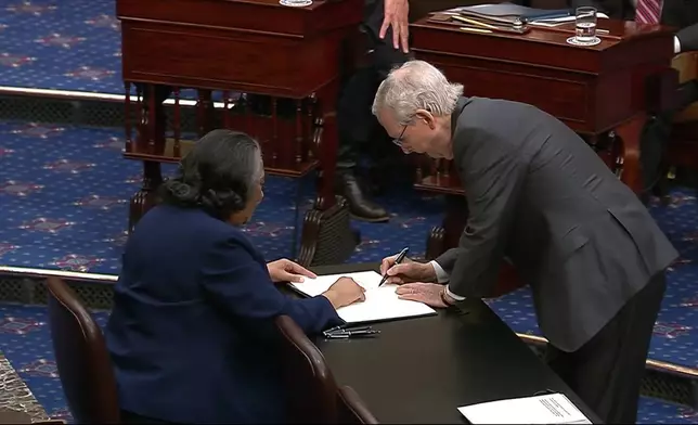 In this image from video from Senate Television, Senate Minority Leader Mitch McConnell of Ky., signs the oath book during the impeachment trial of Homeland Security Secretary Alejandro Mayorkas on the Senate floor at the U.S. Capitol, Wednesday, April 17, 2024, in Washington. (Senate Television via AP)