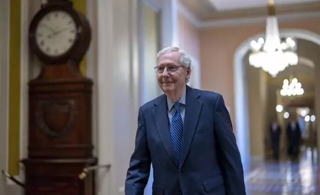 Senate Minority Leader Mitch McConnell, R-Ky., walks to the chamber as the Senate prepares to advance the $95 billion aid package for Ukraine, Israel and Taiwan passed by the House, at the Capitol in Washington, Tuesday, April 23, 2024. (AP Photo/J. Scott Applewhite)