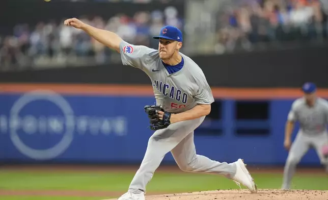 Chicago Cubs' Jameson Taillon pitches during the first inning of a baseball game against the New York Mets, Monday, April 29, 2024, in New York. (AP Photo/Frank Franklin II)
