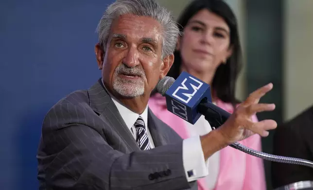 Ted Leonsis, owner of the Washington Wizards NBA basketball team and Washington Capitals NHL hockey team, speaks during a news conference at Capitol One Arena in Washington, Wednesday, March 27, 2024. (AP Photo/Stephanie Scarbrough)