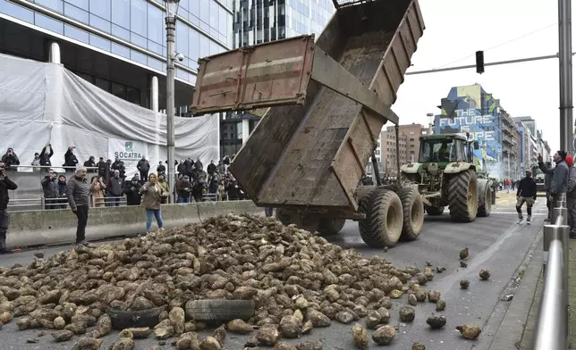 FILE - Protesting farmers dump a load of produce onto a main boulevard during a demonstration outside the European Council building in Brussels, on March 26, 2024. Across the EU, long convoys of tractors have cut off economic lifelines like ports and beltways around major cities, sometimes for days on end, with costs to industry running into the tens of millions daily and keeping hundreds of thousands of people from going to work. (AP Photo/Harry Nakos, File)