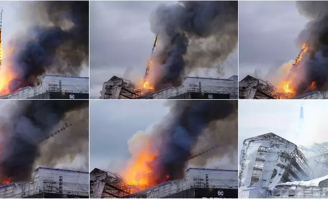This photo combo of six shows from top left the progress of spire collapsing as fire and smoke rise out of the Old Stock Exchange, Boersen, in Copenhagen, Denmark, Tuesday, April 16, 2024. A fire has swept through one of Copenhagen's oldest buildings, causing the collapse of the iconic spire from the 17th-century Old Stock Exchange. (Ida Marie Odgaard, Emil Helms/Ritzau Scanpix via AP)