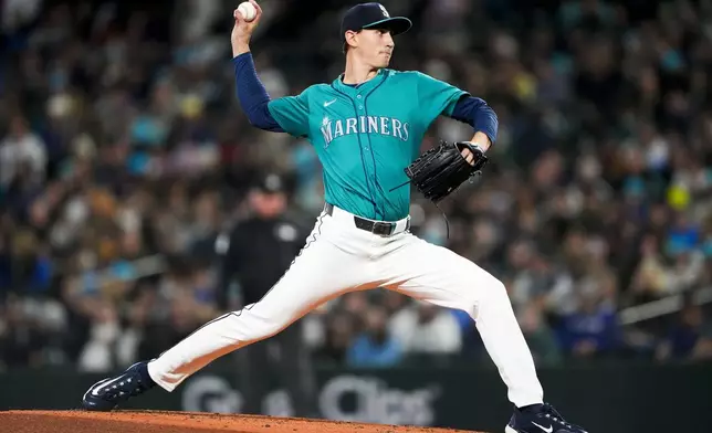 Seattle Mariners starting pitcher George Kirby throws against the Arizona Diamondbacks during the second inning of a baseball game Saturday, April 27, 2024, in Seattle. (AP Photo/Lindsey Wasson)
